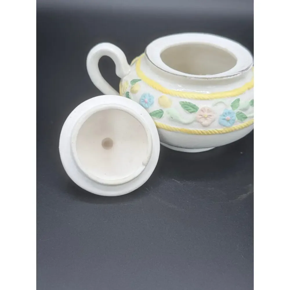 Floral Applique Ceramic Teapot Raised Flowers Yellow Rope Trim 6 Inch